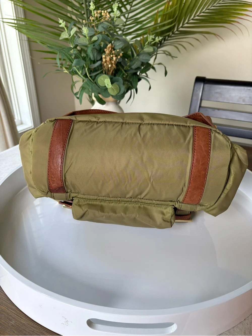 Tory Burch Olive Green Nylon Backpack with Brown Trim and  display picture 1